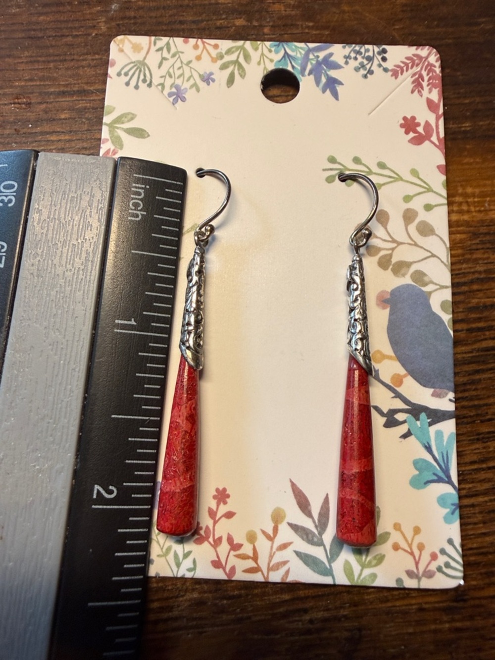 Red Teardrop Dangle Sponge Coral Sterling Silver Earrings - Picture 2 of 4
